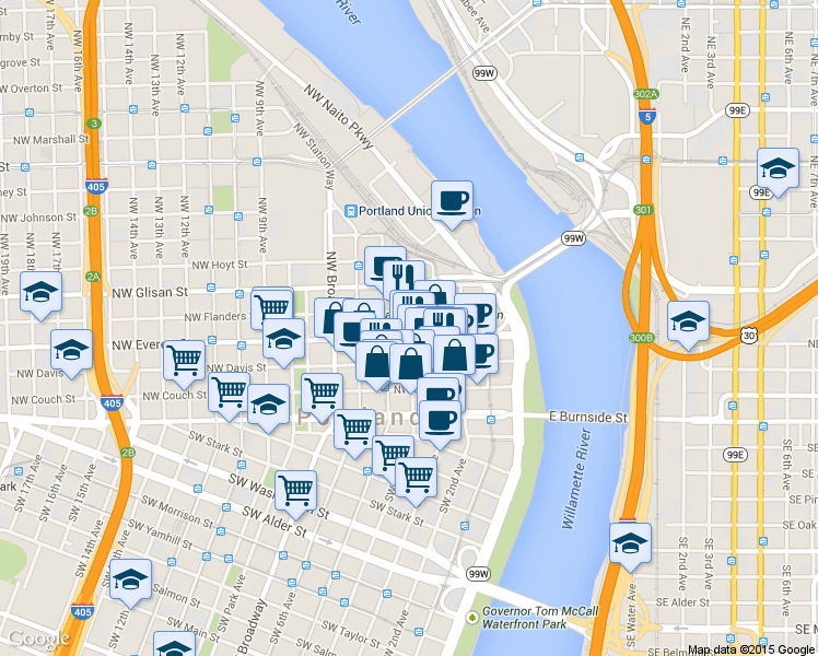 map of restaurants, bars, coffee shops, grocery stores, and more near 301 Northwest Everett Street in Portland