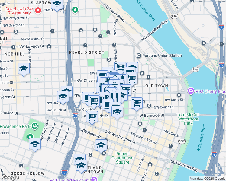 map of restaurants, bars, coffee shops, grocery stores, and more near 333 Northwest 9th Avenue in Portland