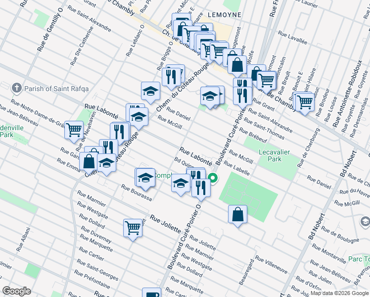 map of restaurants, bars, coffee shops, grocery stores, and more near 1765 Rue Labonté in Longueuil