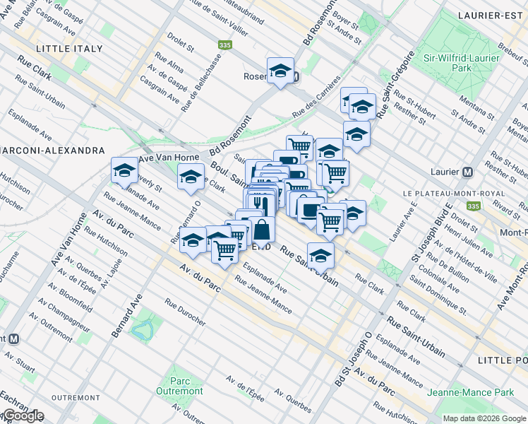 map of restaurants, bars, coffee shops, grocery stores, and more near in Montreal