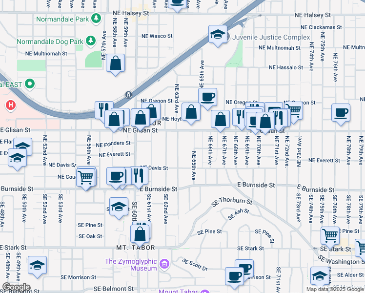 map of restaurants, bars, coffee shops, grocery stores, and more near 314 Northeast 63rd Avenue in Portland