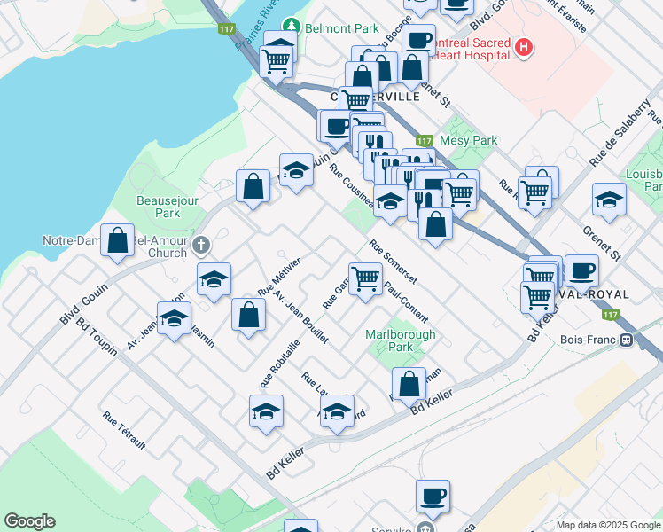 map of restaurants, bars, coffee shops, grocery stores, and more near 8205 Chemin du Golf in Montréal