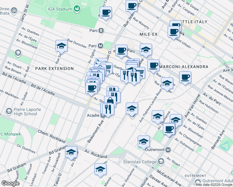 map of restaurants, bars, coffee shops, grocery stores, and more near 6900 Avenue d'Outremont in Montréal