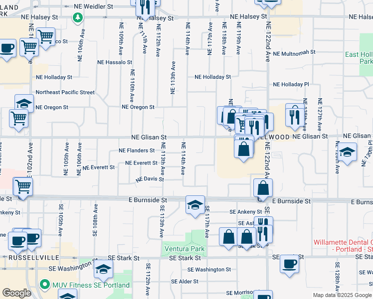 map of restaurants, bars, coffee shops, grocery stores, and more near 410 Northeast 114th Avenue in Portland