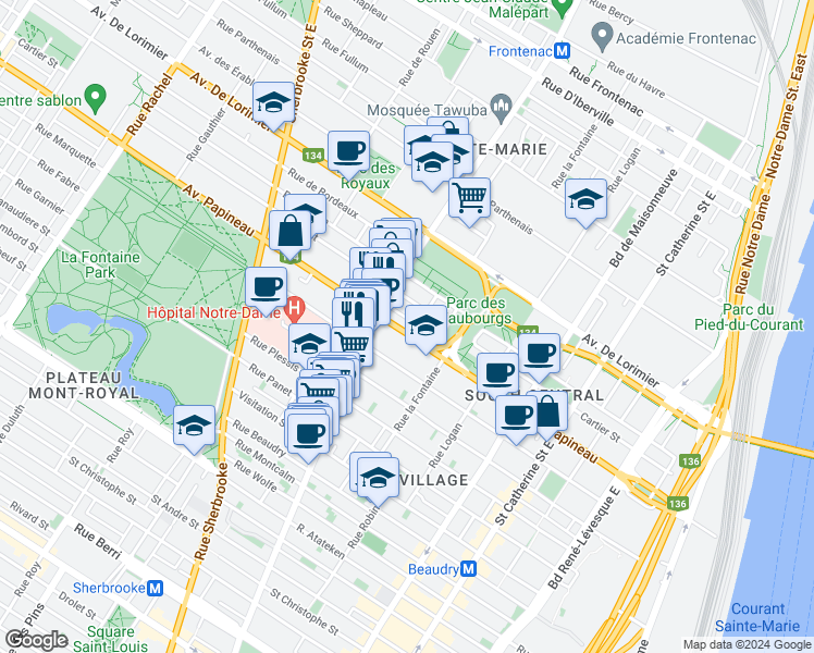 map of restaurants, bars, coffee shops, grocery stores, and more near 1917A Avenue Papineau in Montréal