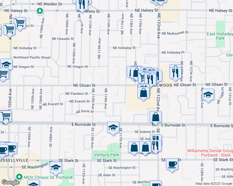 map of restaurants, bars, coffee shops, grocery stores, and more near 11610 Northeast Flanders Street in Portland