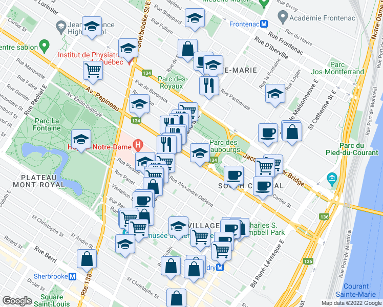 map of restaurants, bars, coffee shops, grocery stores, and more near 1917A Avenue Papineau in Montréal