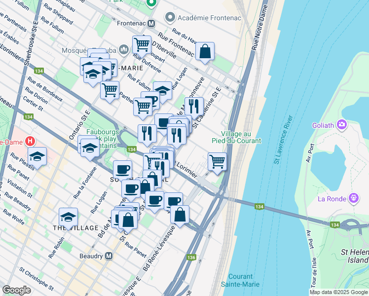 map of restaurants, bars, coffee shops, grocery stores, and more near in Montreal