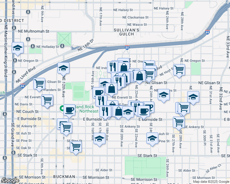 map of restaurants, bars, coffee shops, grocery stores, and more near 1900 Northeast Sandy Boulevard in Portland