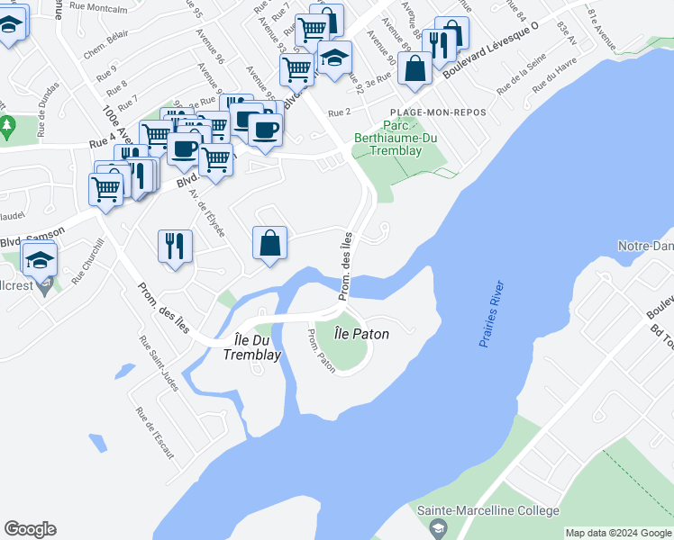 map of restaurants, bars, coffee shops, grocery stores, and more near 63 Promenade des Îles in Laval