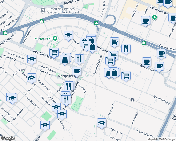 map of restaurants, bars, coffee shops, grocery stores, and more near 995 Rue Jules-Poitras in Montréal