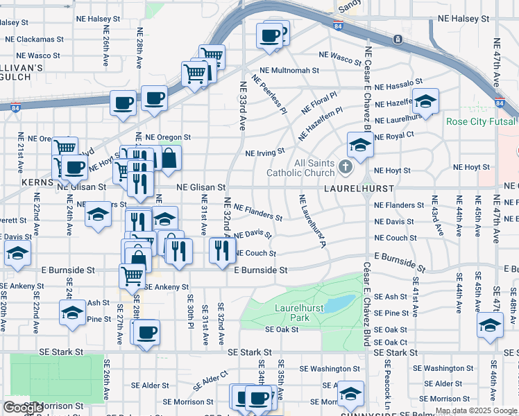 map of restaurants, bars, coffee shops, grocery stores, and more near 404 Northeast Mirimar Place in Portland