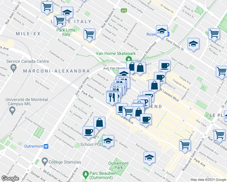 map of restaurants, bars, coffee shops, grocery stores, and more near 5873 Avenue de l'Esplanade in Montréal