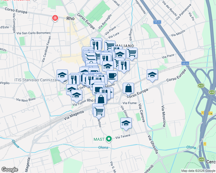 map of restaurants, bars, coffee shops, grocery stores, and more near 5 Vicolo Secchi in Rho