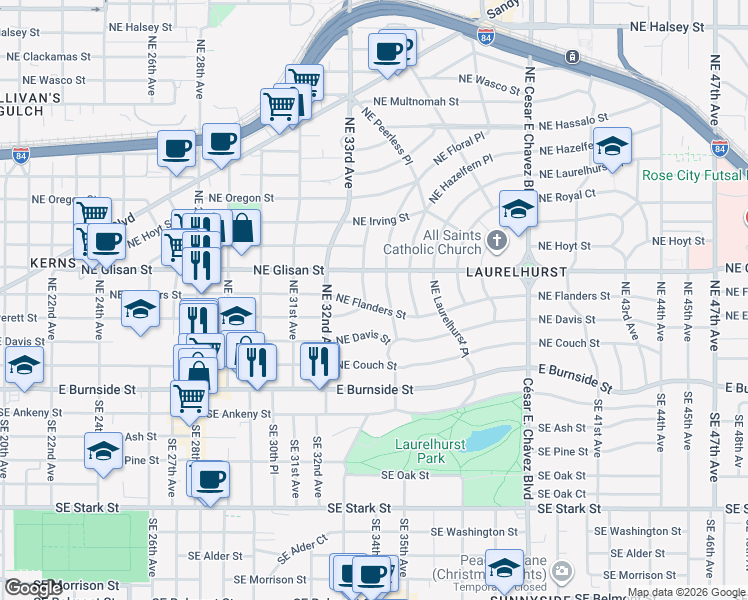 map of restaurants, bars, coffee shops, grocery stores, and more near 404 Northeast Mirimar Place in Portland