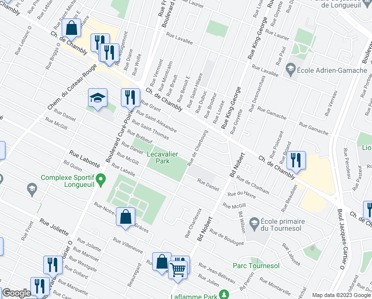 map of restaurants, bars, coffee shops, grocery stores, and more near 2154 Rue Saint-Thomas in Longueuil