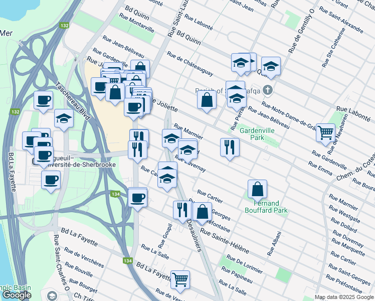 map of restaurants, bars, coffee shops, grocery stores, and more near 710 Rue Dollard in Longueuil