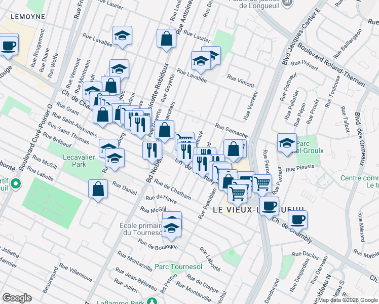 map of restaurants, bars, coffee shops, grocery stores, and more near 29 Rue Poincaré in Longueuil