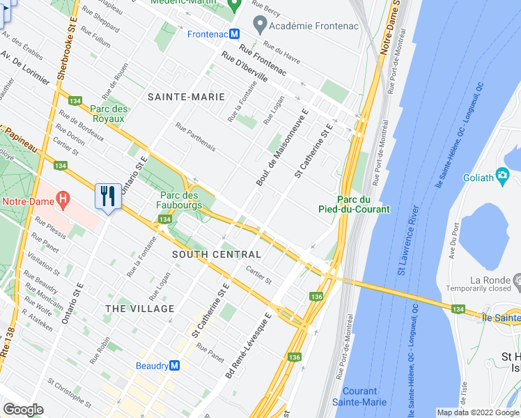 map of restaurants, bars, coffee shops, grocery stores, and more near 2130 Rue Laforce in Montrã©Al