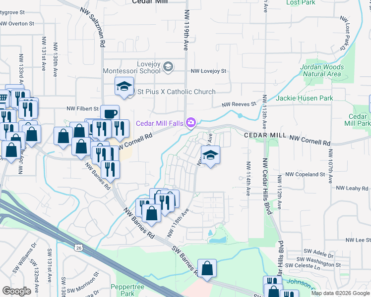 map of restaurants, bars, coffee shops, grocery stores, and more near 675 Northwest Falling Waters Lane in Portland