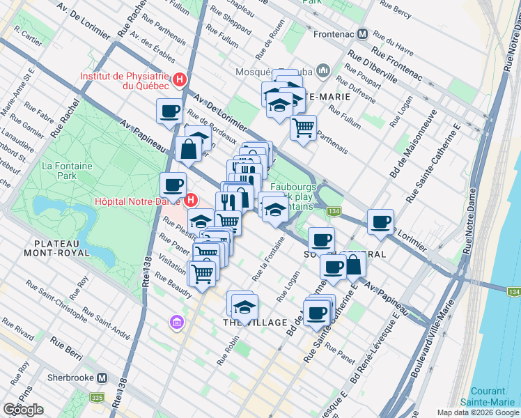 map of restaurants, bars, coffee shops, grocery stores, and more near 1921 Avenue Papineau in Montréal