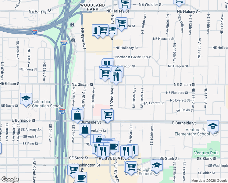 map of restaurants, bars, coffee shops, grocery stores, and more near 336 Northeast 102nd Avenue in Portland