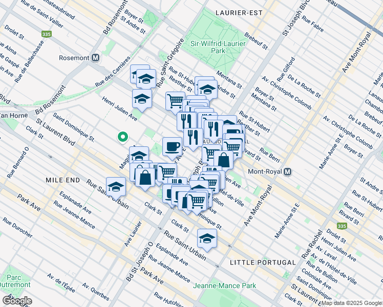 map of restaurants, bars, coffee shops, grocery stores, and more near 5055 Avenue Henri Julien in Montréal