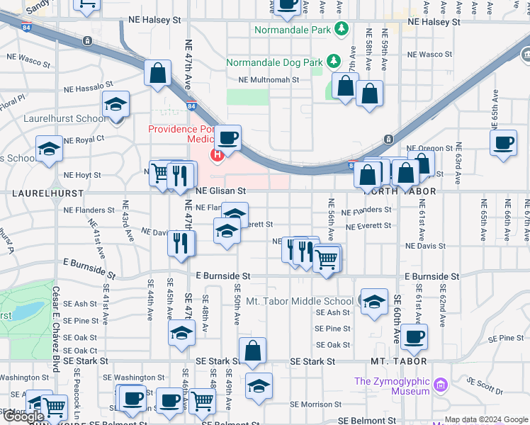map of restaurants, bars, coffee shops, grocery stores, and more near 5210 Northeast Everett Street in Portland
