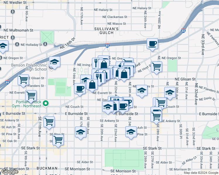map of restaurants, bars, coffee shops, grocery stores, and more near 2100 Northeast Everett Street in Portland