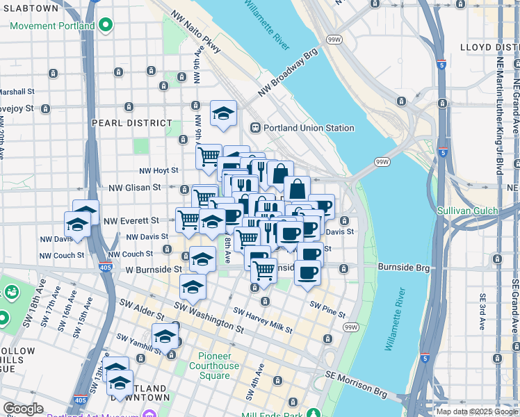 map of restaurants, bars, coffee shops, grocery stores, and more near in Portland