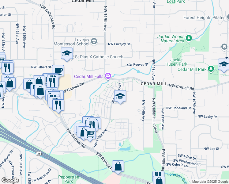 map of restaurants, bars, coffee shops, grocery stores, and more near 11735 Northwest Holly Springs Lane in Portland