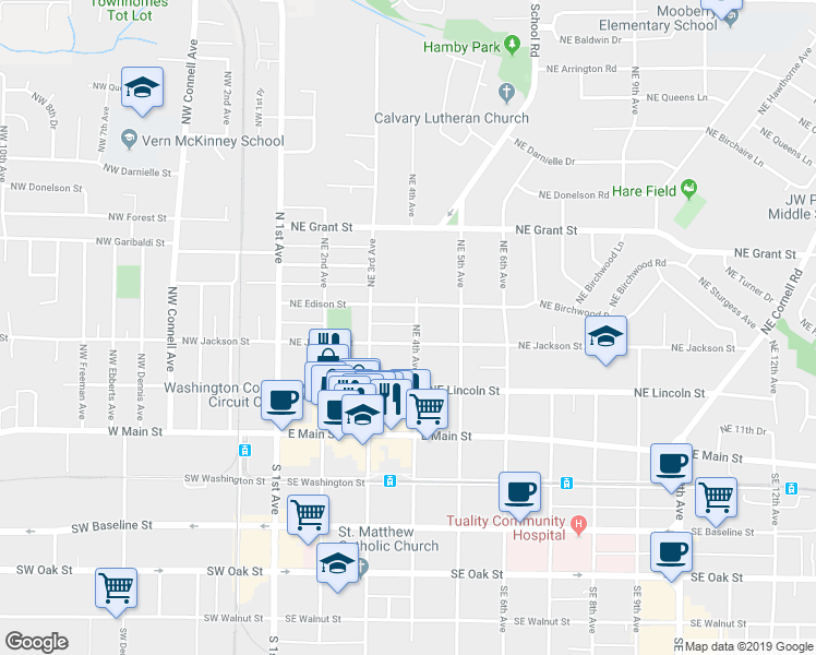 map of restaurants, bars, coffee shops, grocery stores, and more near 354 Northeast Jackson Street in Hillsboro