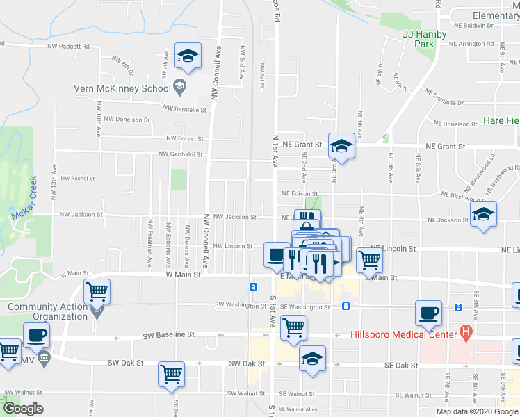 map of restaurants, bars, coffee shops, grocery stores, and more near 155 Northwest Jackson Street in Hillsboro