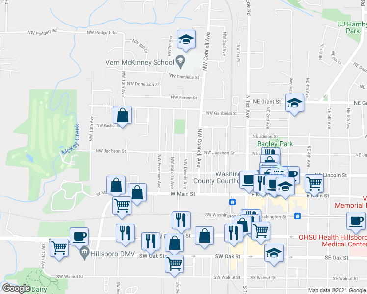 map of restaurants, bars, coffee shops, grocery stores, and more near 265 Northwest Dennis Avenue in Hillsboro