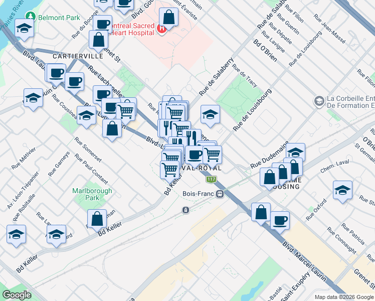 map of restaurants, bars, coffee shops, grocery stores, and more near 11889 Rue Lachapelle in Montréal