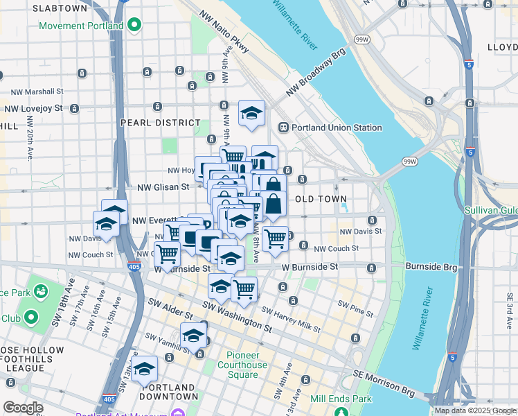 map of restaurants, bars, coffee shops, grocery stores, and more near in Portland