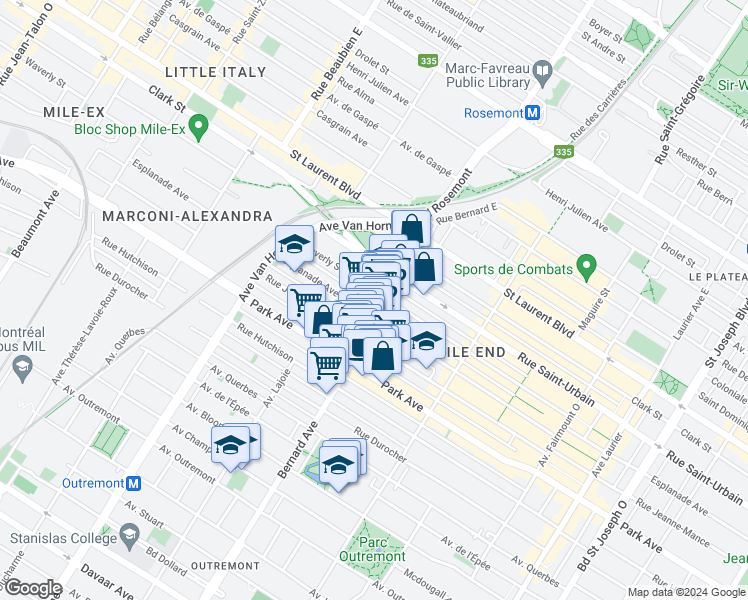 map of restaurants, bars, coffee shops, grocery stores, and more near 5834 Rue Waverly in Montréal