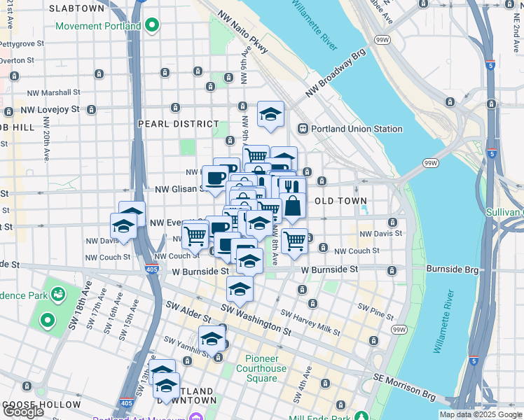 map of restaurants, bars, coffee shops, grocery stores, and more near 327 Northwest Park Avenue in Portland