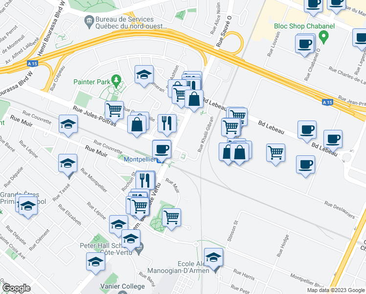 map of restaurants, bars, coffee shops, grocery stores, and more near 995 Boulevard Jules-Poitras in Montreal