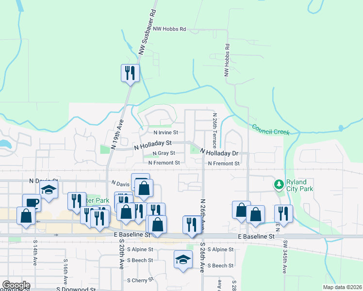 map of restaurants, bars, coffee shops, grocery stores, and more near 2485 North Holladay Street in Cornelius
