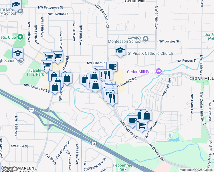 map of restaurants, bars, coffee shops, grocery stores, and more near 12595 Northwest Cornell Road in Portland