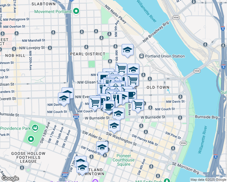 map of restaurants, bars, coffee shops, grocery stores, and more near 255 Northwest 9th Avenue in Portland