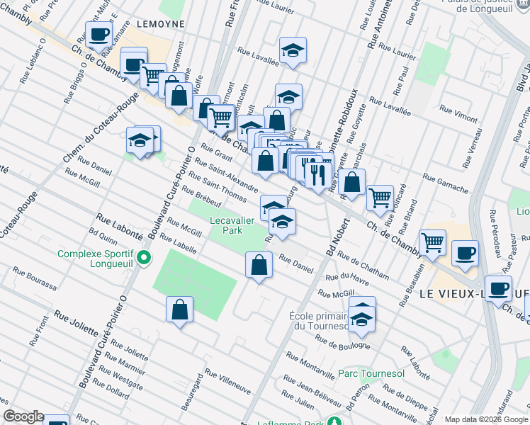 map of restaurants, bars, coffee shops, grocery stores, and more near 2152 Rue Saint-Thomas in Longueuil