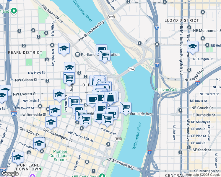map of restaurants, bars, coffee shops, grocery stores, and more near 121 Northwest Everett Street in Portland