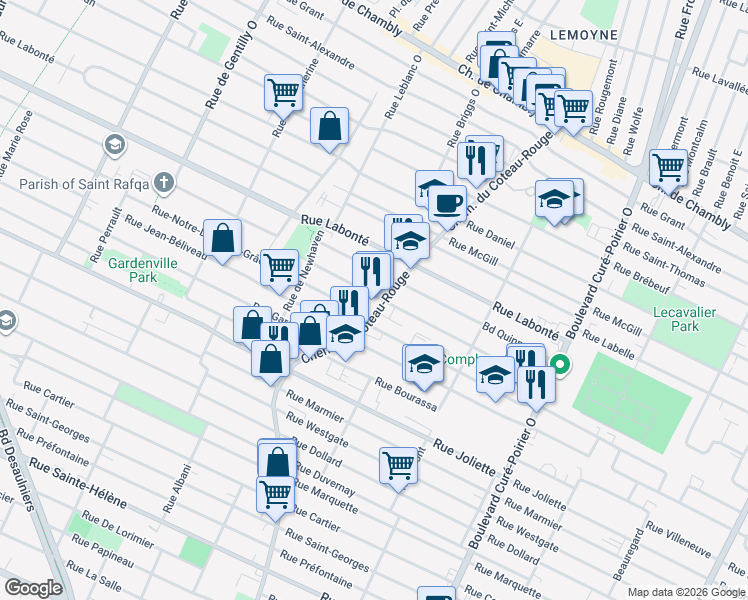 map of restaurants, bars, coffee shops, grocery stores, and more near 553 Chemin du Coteau-Rouge in Longueuil