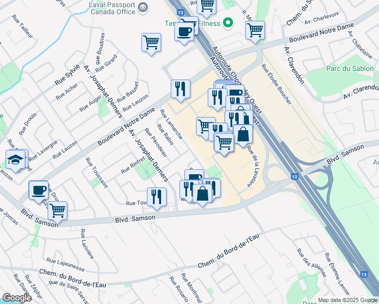 map of restaurants, bars, coffee shops, grocery stores, and more near 156 Rue Robitaille in Laval
