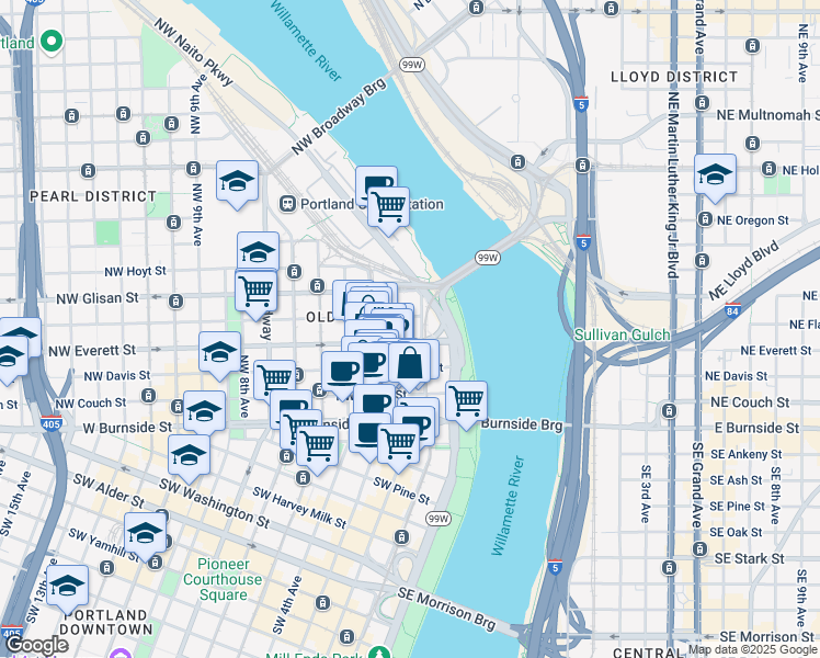 map of restaurants, bars, coffee shops, grocery stores, and more near 121 Northwest Everett Street in Portland