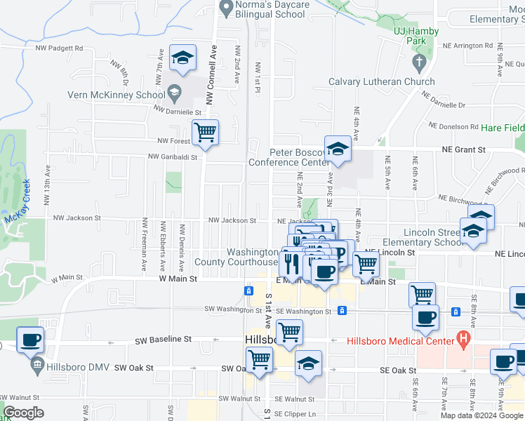 map of restaurants, bars, coffee shops, grocery stores, and more near 334 Northwest Ford Lane in Hillsboro