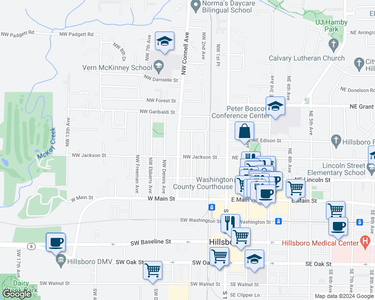 map of restaurants, bars, coffee shops, grocery stores, and more near 331 Northwest Bailey Avenue in Hillsboro