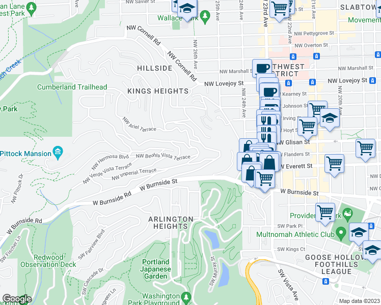 map of restaurants, bars, coffee shops, grocery stores, and more near 2645 Northwest Beuhla Vista Terrace in Portland